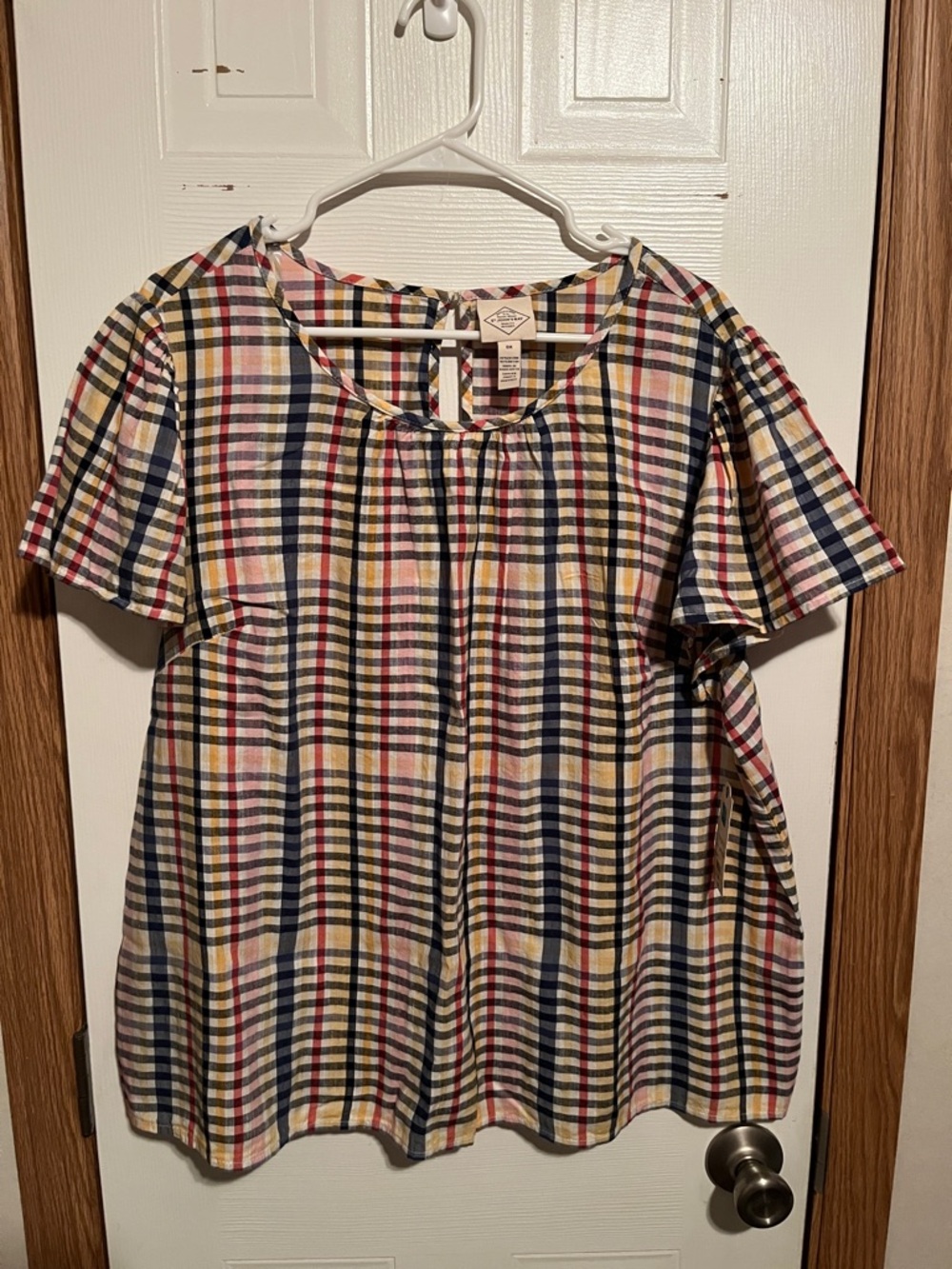 St. John's Bay Multicolor Plaid Short Sleeve Top - Navy, Yellow, Red